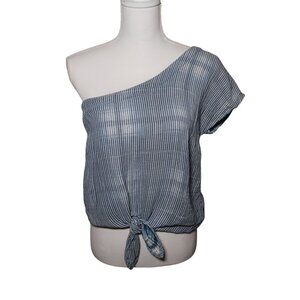 Bella Dahl One-Shoulder Tie Front Blue/White Striped Cotton‎ Blouse S